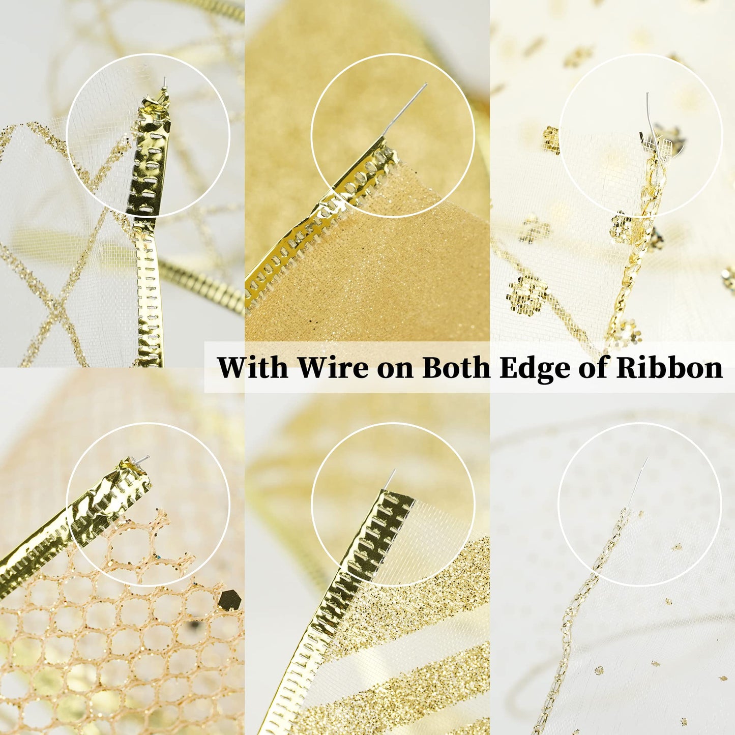 MEEDEE White and Gold Ribbon for Christmas Tree 2.5 Inch 6 Rolls 36 Yards Christmas Ribbons Gold Ribbons for Christmas Tree Decoration Garland Wire Mesh Ribbon for Wreaths