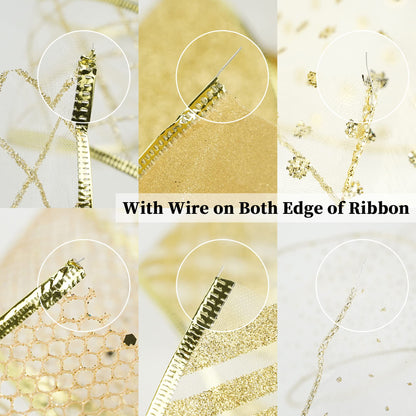MEEDEE White and Gold Ribbon for Christmas Tree 2.5 Inch 6 Rolls 36 Yards Christmas Ribbons Gold Ribbons for Christmas Tree Decoration Garland Wire Mesh Ribbon for Wreaths