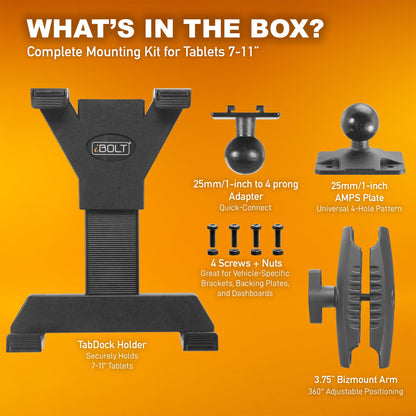 iBOLT TabDock Bizmount AMPs - Heavy Duty Drill Base Mount for All 7" - 10" Tablets- Great for Commercial Vehicles, Trucks, and Wall Mounting- Features 1 inch / 25mm Ball Joint