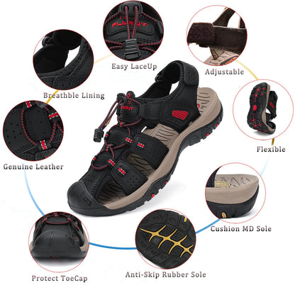 FLARUT Men's Sport Sandals Outdoor Hiking Sandals Closed Toe Leather Athletic Lightweight Trail Walking Casual Sandals Water Shoes (C-Black,43)