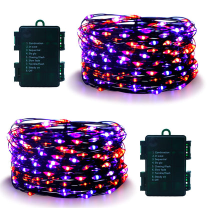 2 Pack Halloween Fairy Lights Battery Operated 200 LED 66Ft Silver Wire Starry String Lights Auto Timer 8 Modes Waterproof Mini String Lights for Outdoor Garden Yard, Fence Decor (Purple & Orange)