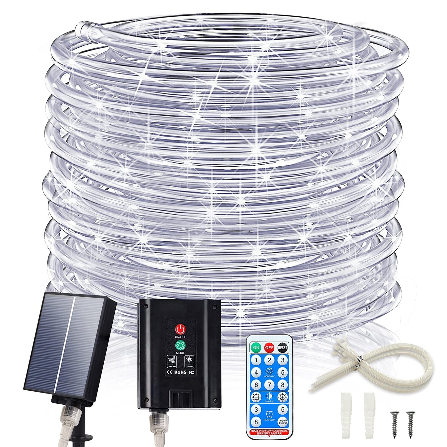 ICRGB Solar Rope Lights, 66FT 200LED 1800mAh Outdoor Waterproof Solar Lights with Remote, IP67 String Light with Timing & 8 Modes for Garden Tree Pathway Yard Pool RV Christmas Decor, White