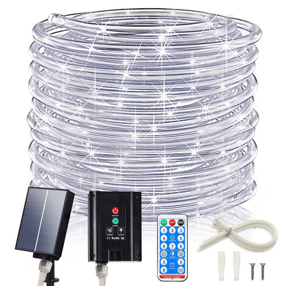 ICRGB Solar Rope Lights, 66FT 200LED 1800mAh Outdoor Waterproof Solar Lights with Remote, IP67 String Light with Timing & 8 Modes for Garden Tree Pathway Yard Pool RV Christmas Decor, White