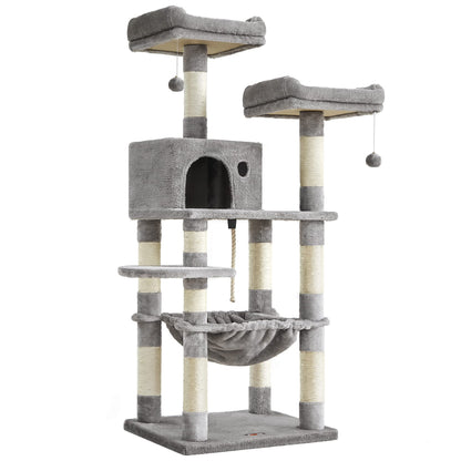 FEANDREA Cat Tree, Cat Tower for Indoor Cats, 56.3-Inch Cat Condo with Scratching Posts, Hammock, Plush Perch, Light Gray UPCT15W