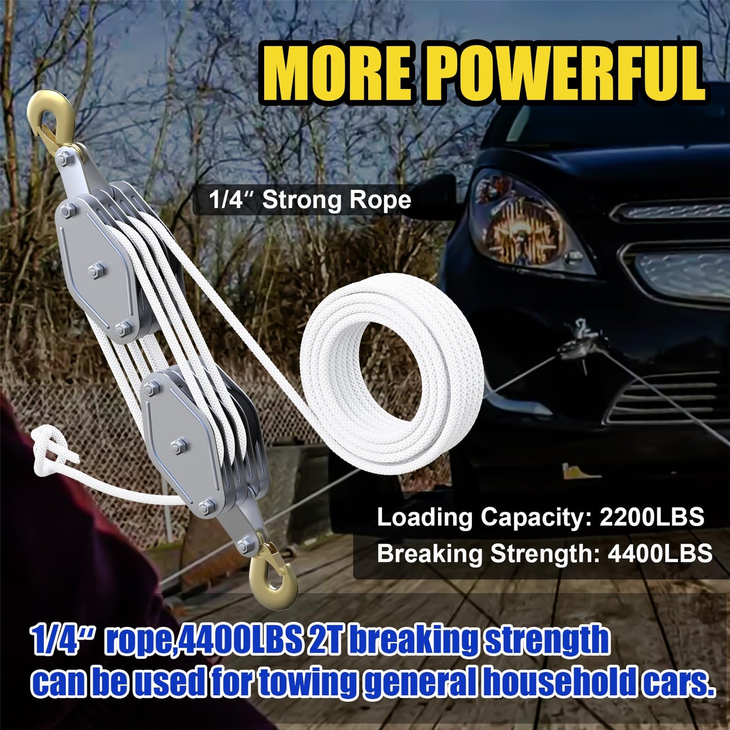 FITHOIST Block and Tackle 4400LBS Breaking Strength Heavy Duty Pulley, 65 Ft Rope Pulley, 7:1 Lifting Power Pulley System, Pulley Hoist with 2 Pcs 8 Ft Lift Sling