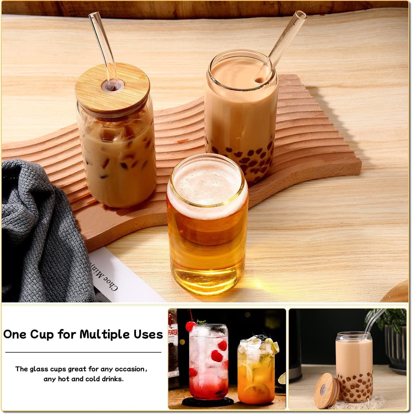 DWTS DANWEITESI Glass Cups with Lids and Straws 4 pcs,16oz Drinking Glasses Set for Coffee Bar Accessories Iced Coffee Cups with Lids,Glass Tumbler Reusable for Gifts
