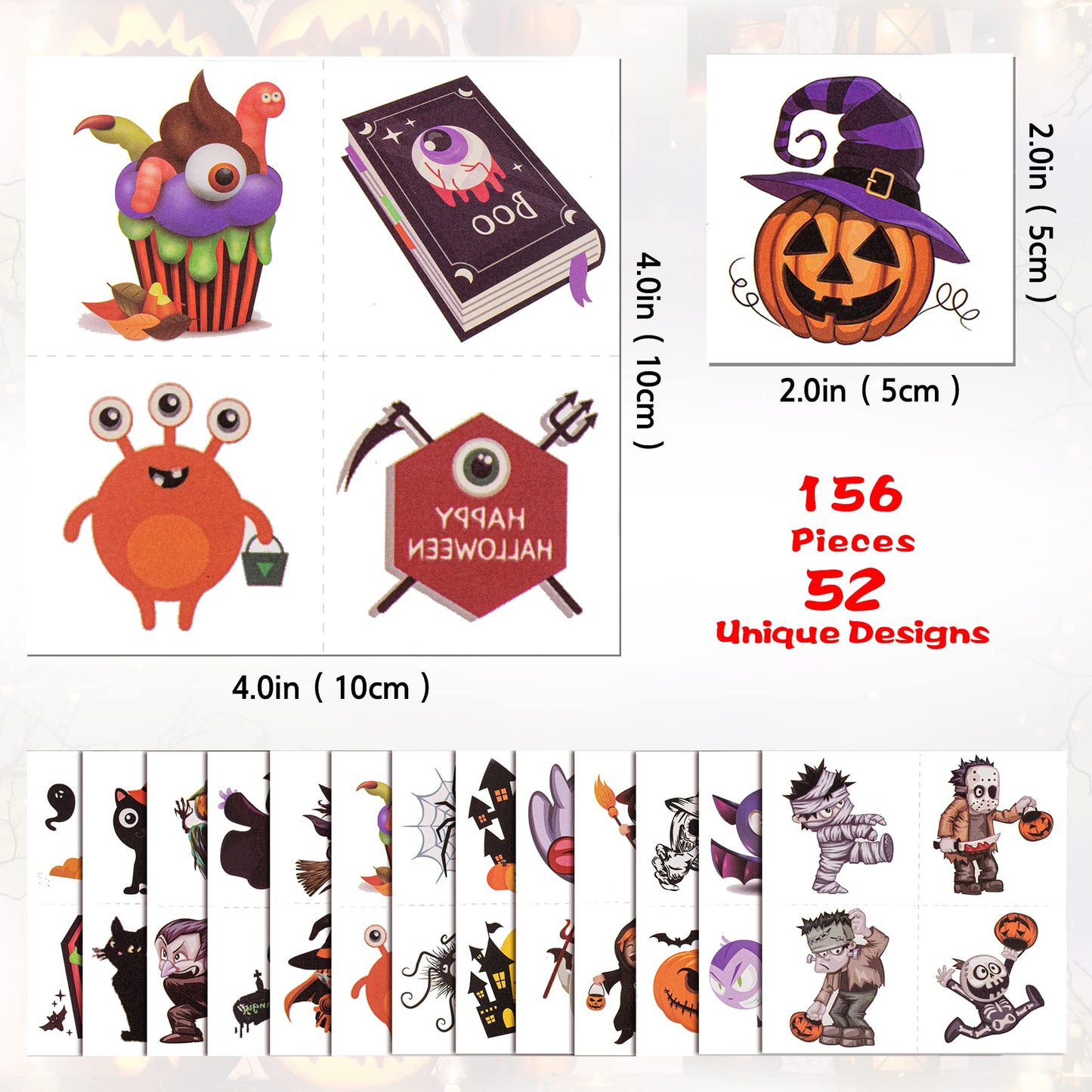 156 PCS Halloween Temporary Tattoos for Kids in 52 Unique Designs - 2 Inch Bulk Halloween Assorted Waterproof Fake Pumpkin Temp Tattoo Sticker for Boys Girls Goody Bag Stuffers Prizes Party Favors