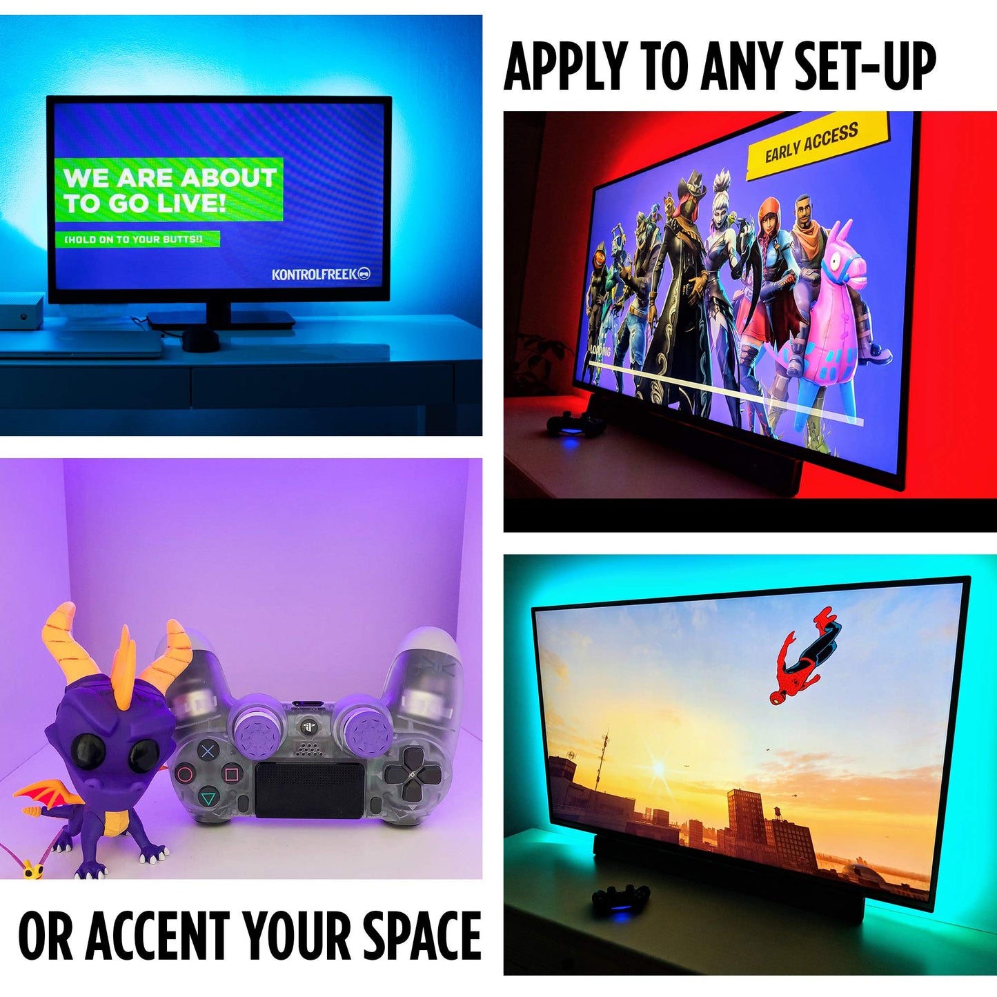 KontrolFreek Gaming Lights: LED Strip Lights, USB Powered with Controller, 3M Adhesive for TV, Console, PC, Wall (12 Ft)