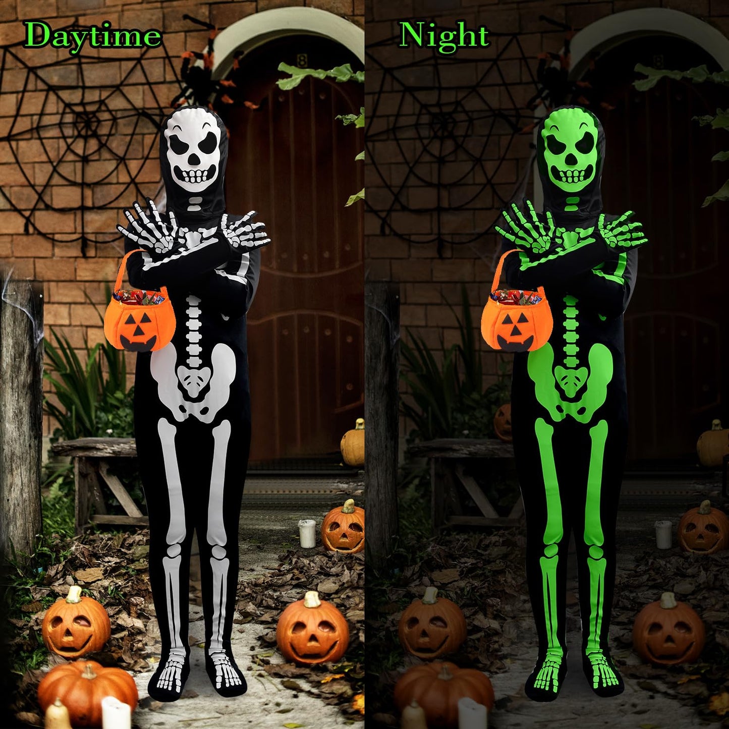 FAYBOX Skeleton Costume Glow in The Dark for Kids Toddler, Halloween Fortnite Onesie for Boy Girls with Pumpkin Candy Bag(5-7)