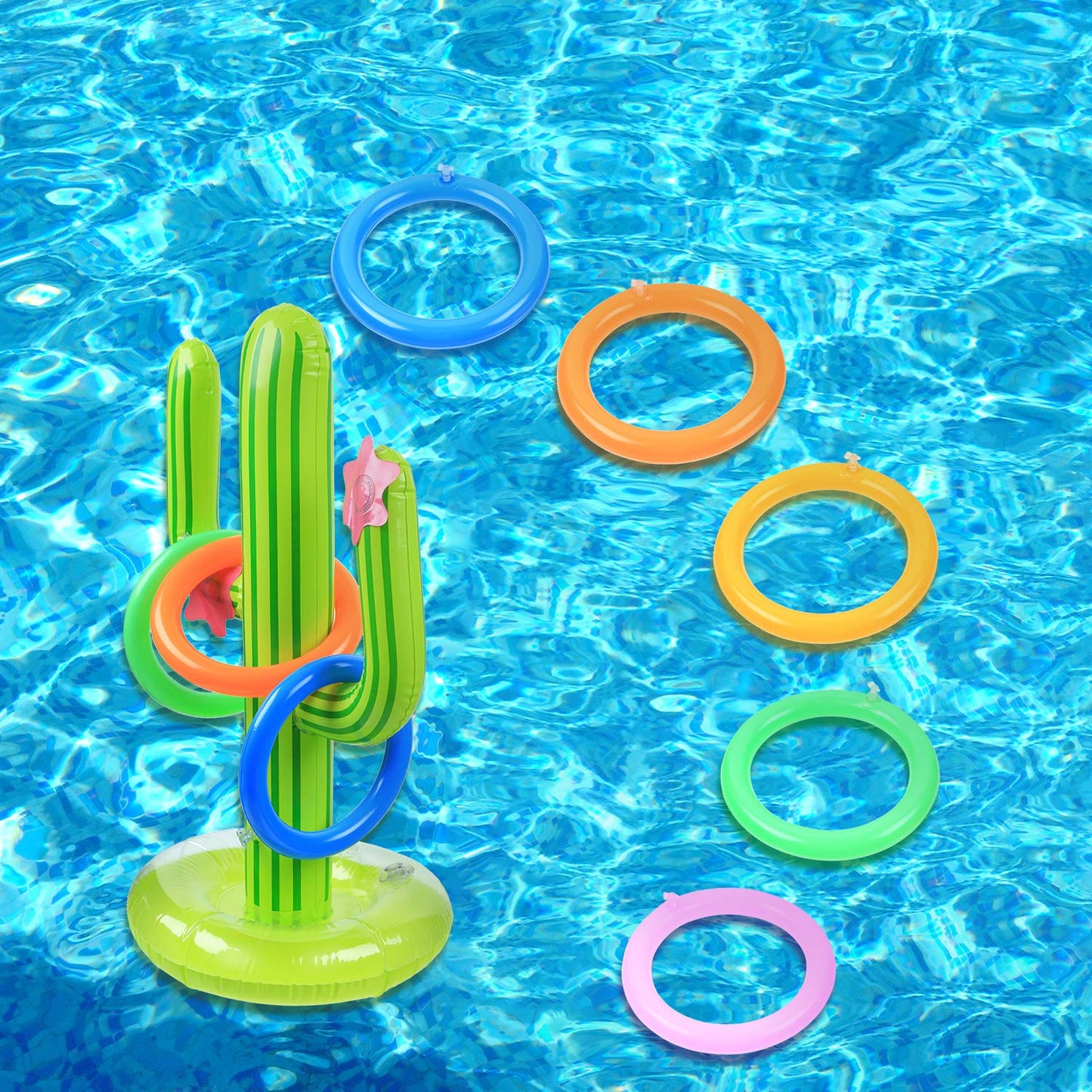 Gejoy 2 Pieces Inflatable Cactus Ring Toss Game Set Floating Swimming Ring Toss with 10 Pieces Inflatable Rings for Summer Hawaiian Pool Beach Luau Party Supplies