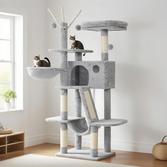 Hey-brother Cat Tree, 53 inch Cat Tower for Indoor Cats, Cat House with Padded Platform Bed, Toy Balls, Large Cozy Condo, Hammocks and Sisal Scratching Posts, Light Gray MPJ019-SW