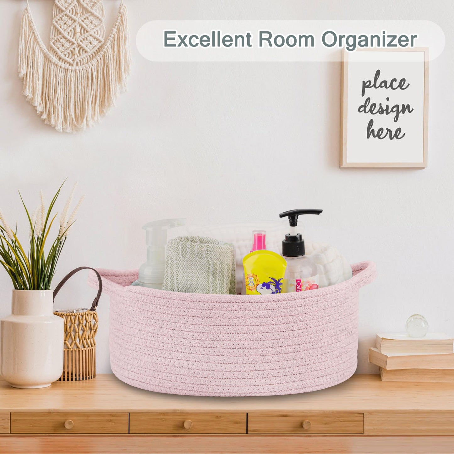 COMSE Small Woven Basket with Gift Bags and Ribbons, Gift Basket Empty, Cotton Rope Storage Organizer, Baby Toy Box with Handles, 12" x 8" x 5", Light pink