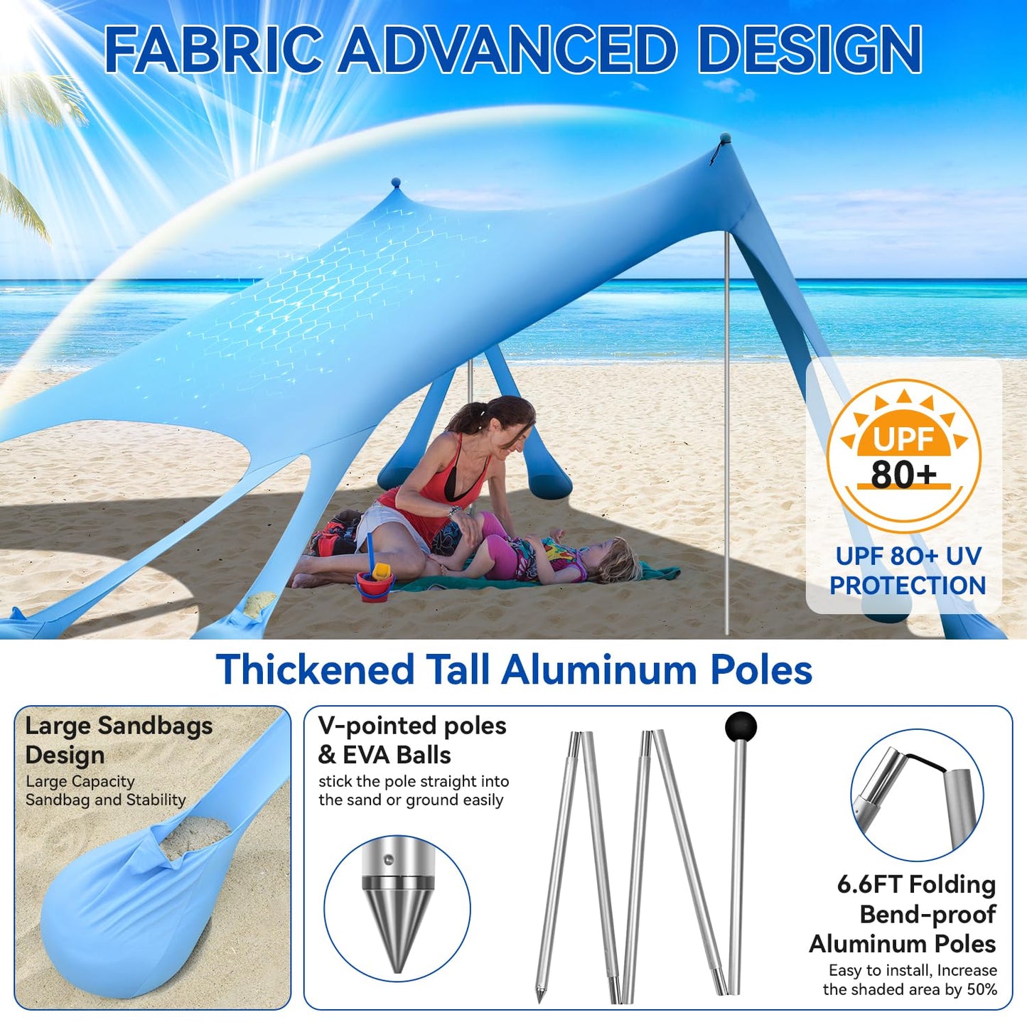 Large Beach Canopy UPF80+ Uv Protection Beach Tents Sun Shelter, Beach Shade Canopy with 8 Sandbags, 4 Stability Poles, Sand Shovel Ground Pegs for Outdoor Camping, Picnics (10x10ft, Sky Blue)