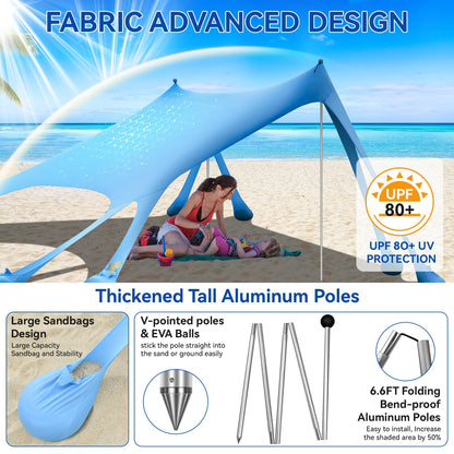 Large Beach Canopy UPF80+ Uv Protection Beach Tents Sun Shelter, Beach Shade Canopy with 8 Sandbags, 4 Stability Poles, Sand Shovel Ground Pegs for Outdoor Camping, Picnics (10x10ft, Sky Blue)