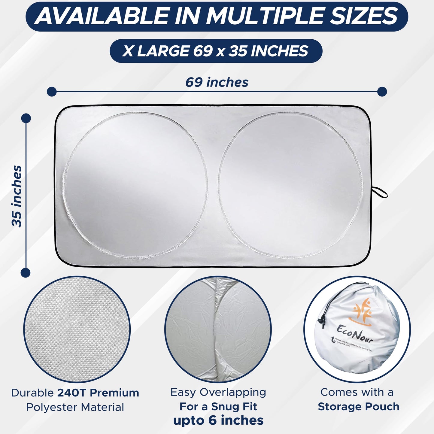 EcoNour Truck Windshield Sun Shade with Storage Pouch - Reflective 240T Material Truck Windshield Cover - Foldable Sun Shield UV Dashboard Protection from Sun Heat | X-Large (69 x 35 inches)