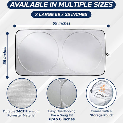 EcoNour Truck Windshield Sun Shade with Storage Pouch - Reflective 240T Material Truck Windshield Cover - Foldable Sun Shield UV Dashboard Protection from Sun Heat | X-Large (69 x 35 inches)