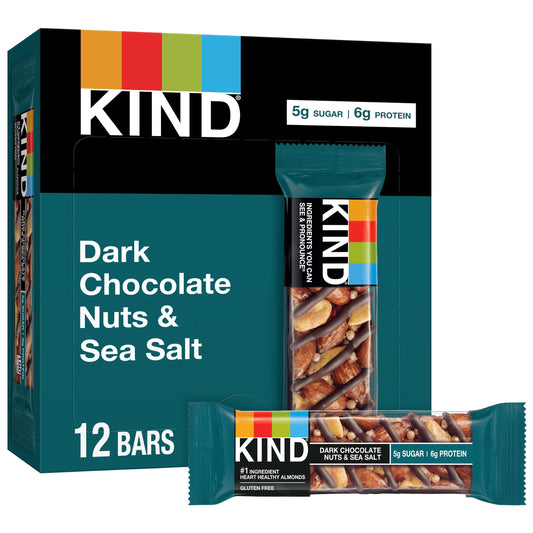 KIND Nut Bars, Dark Chocolate Nuts and Sea Salt, Healthy Snacks, Gluten Free, Low Sugar, 6g Protein, 12 Count