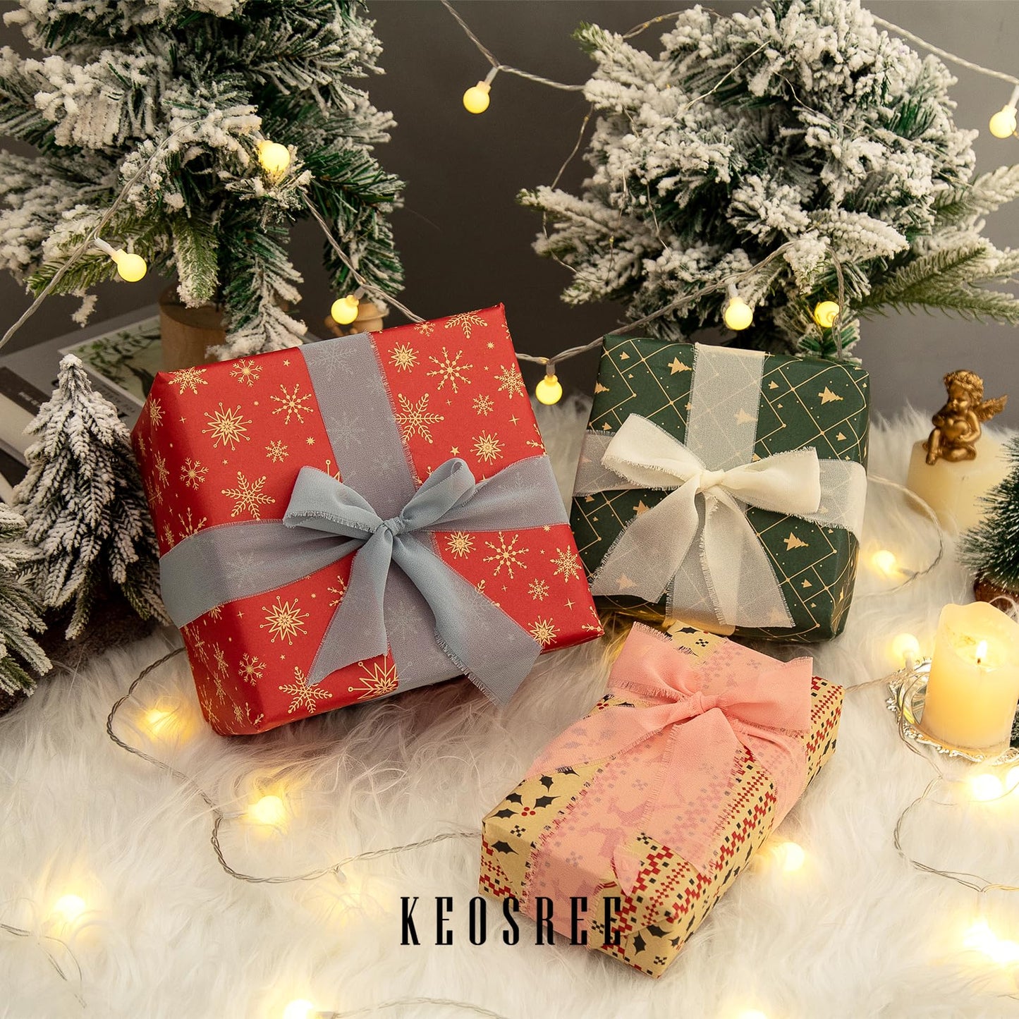 KEOSREE 3 Rolls Cream White Handmade Chiffon Ribbon,1.5" x 21Yd Frayed Fringe Silk Ribbons (3 Rolls *7Yd) for Gifts Wrapping, Wedding Invitations, Bridal Bouquets, Decorations