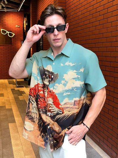 DADDYLOCO Western Skeleton Print Button Down Shirt, Short Sleeve, Regular Fit, Mint Green