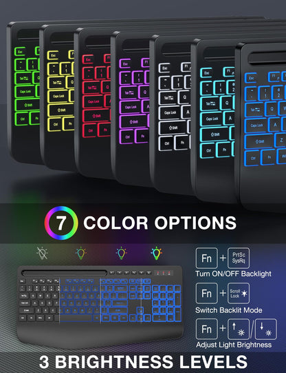 Wireless Keyboard and Mouse Combo, 9 Backlit Effects, Wrist Rest, Phone Holder, 2.4G Lag-Free Ergonomic Keyboards, Rechargeable Silent Cordless Set for Computer, Laptop, PC, Mac, Windows -SABLUTE