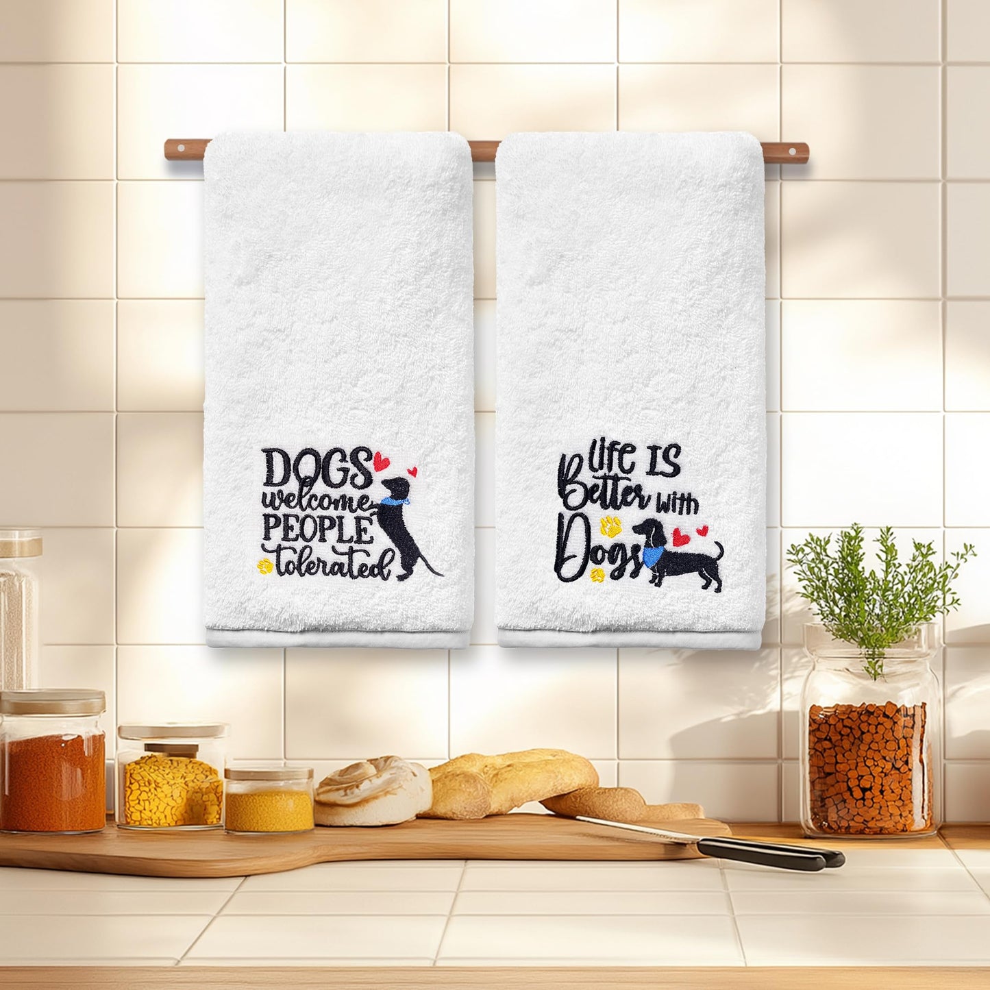 Dog Hand Towels for Bathroom Set of 2, Lover Gifts for Women Bathroom Decor Embroidered, Owners Mom Gifts Decorative New Home Tea Towels, 100% Cotton Soft for Kitchen 14x30 Inches