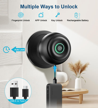 KLLOQUE Fingerprint Door Lock, Smart Fingerprint Door Knob with Lock, Biometric Door Locks with App Control & Key, Keyless Thumbprint Entry Door Locks for Bedroom, Front Door, Home, Apartment-Black