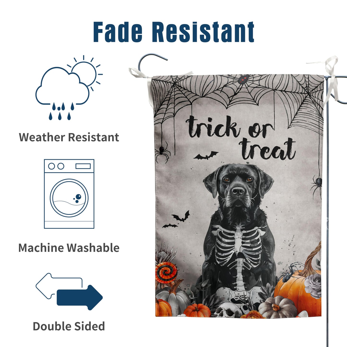 Halloween Black Lab Garden Flag Trick or Treat Yard Flag Ghost Labrador Dog Garden Flags for Outside 12x18 Double Sided Mini Skeleton Halloween Decor Outdoor Lawn Welcome Flag