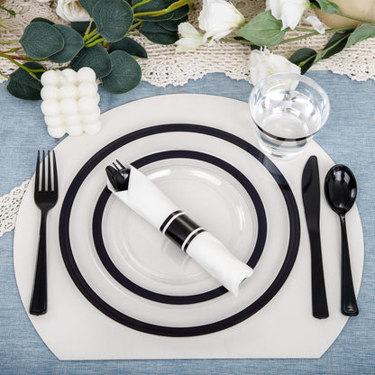I00000 350 Pcs Clear and Black Plastic Plates,Black Dinnerware Set, Include 50 Dinner and 50 Dessert Plates,50 Plastic Cups,50 Per Rolled Napkins with Cutlery for Party,Wedding,Halloween