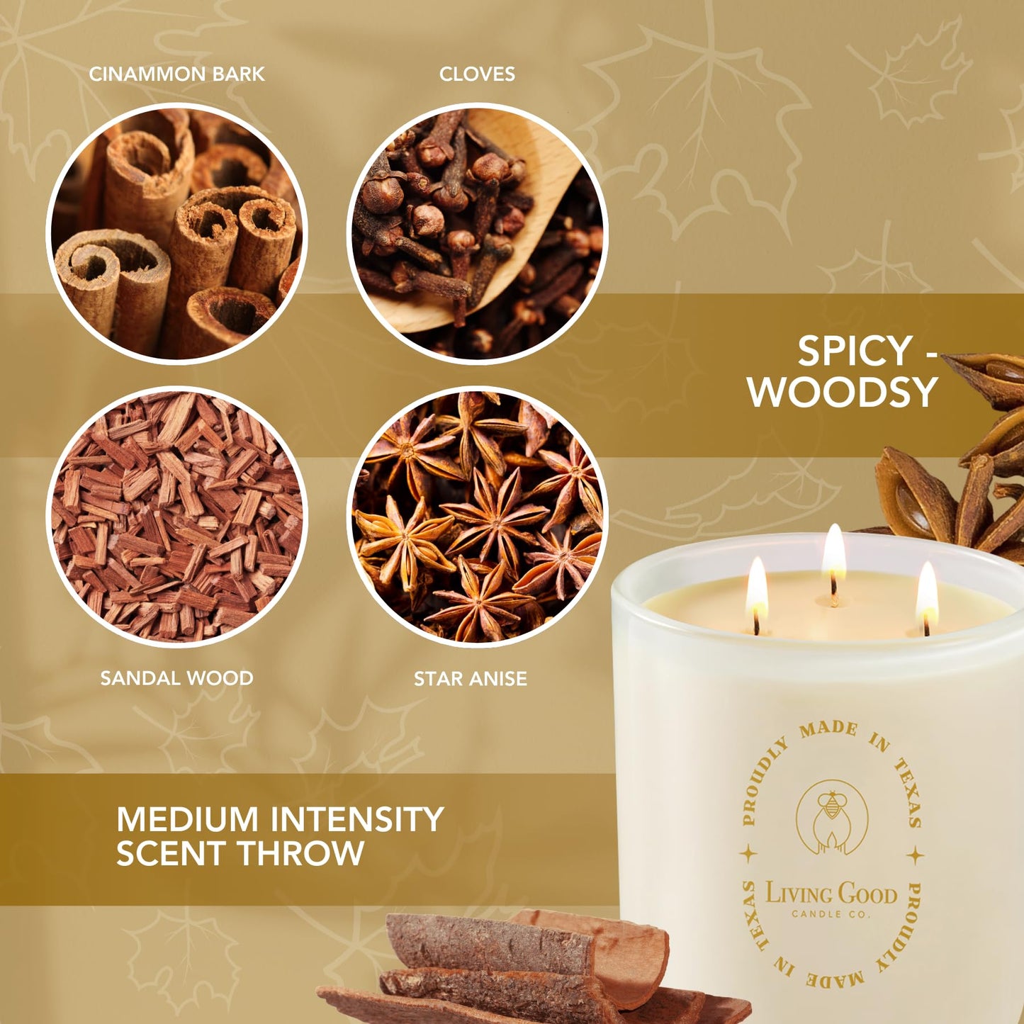 Fall Fresh Cinnamon Bark Essential Oil - Warm & Spicy Pure Beeswax Candle - 90+ Hours Long Burning - Non-Toxic Scented Candles for Autum Home Decor & Aromatherapy for Anxiety Relief - Natural - 15 OZ