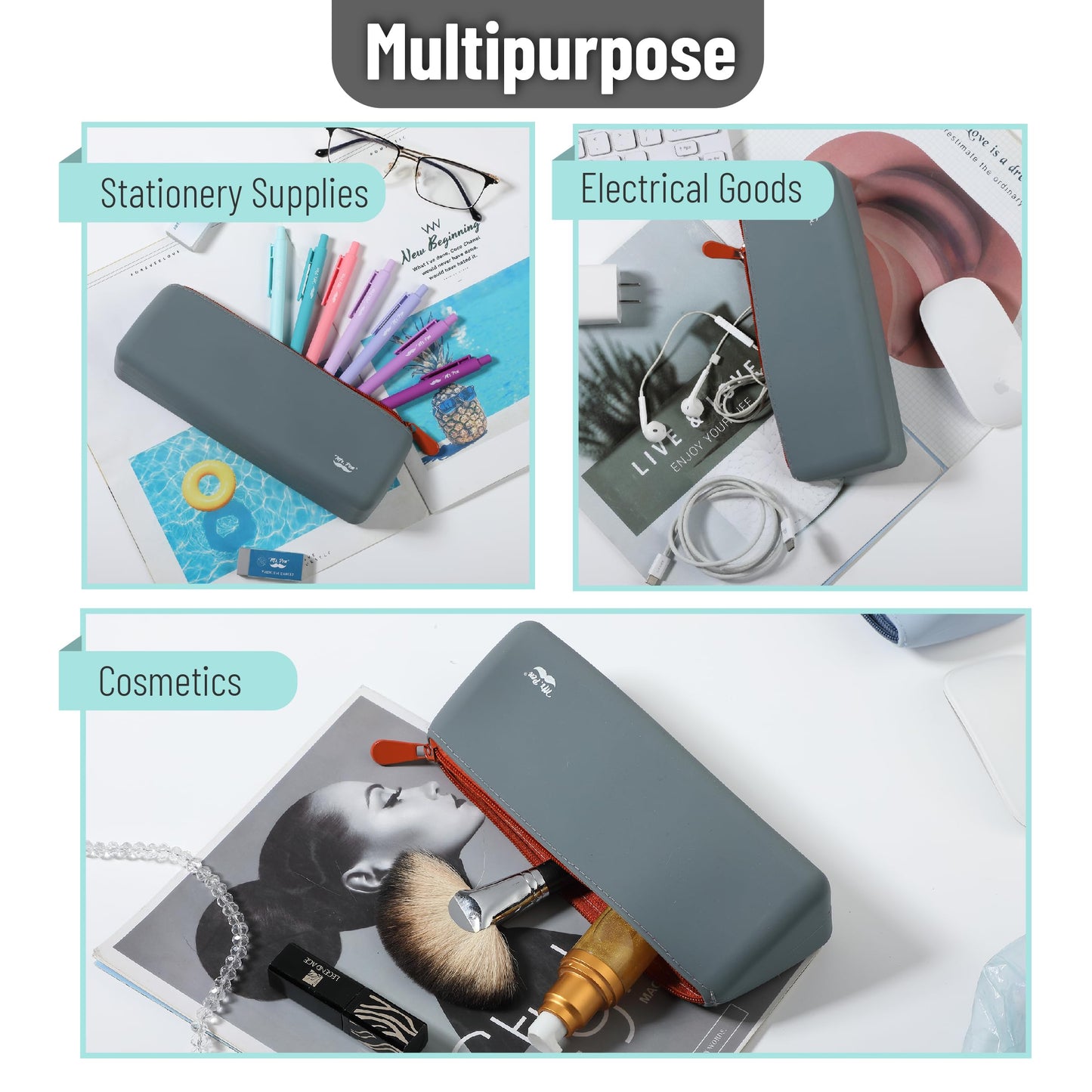 Mr. Pen- Silicone Pencil Case Pouch, Slate Blue, Aesthetic Triangular Design, Multipurpose, Aesthetic Pencil Case Small, Silicone Makeup Bag