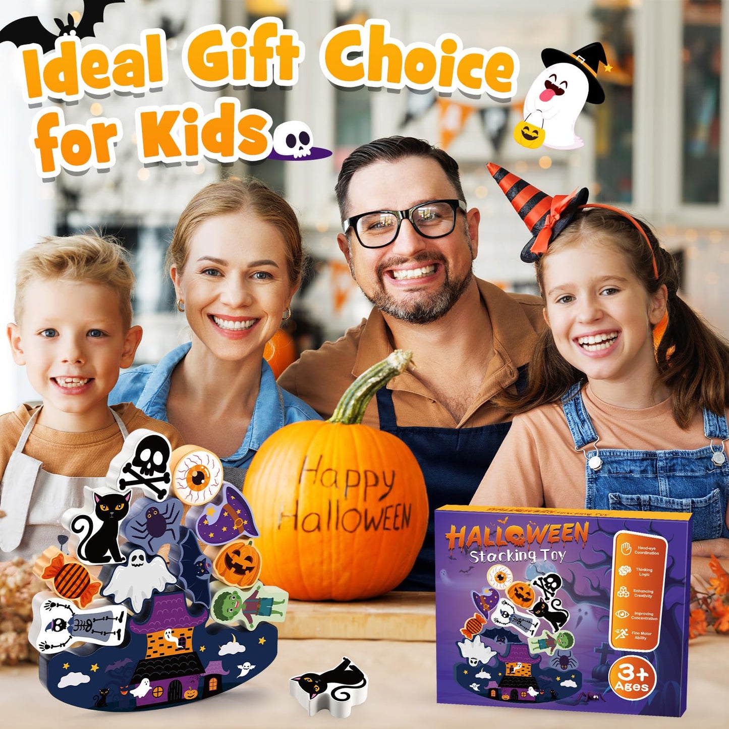 IPOURUP Halloween Toys for Kids 3-10 Kids Wooden Stacking Blocks Toy Birthday Gifts for 4 5 6 7 8 9 Year Old Boys Girls Toy Kid Balance Competition Games for Ages 5-7 Party Favors Boo Basket Stuffers