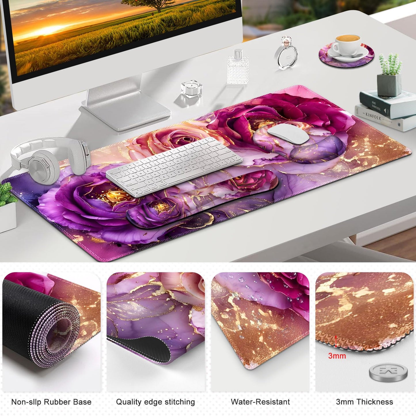 Gaming Mouse Pad, Large Desk Mat, Cute Desk Pad Protector, 4in1 XXL Mousepad + Keyboard Wrist Rest+Mouse Wrist Rest+Coaster Set with Ergonomic Desk Pad for Home Office PC, Marble Rose Purple Flowers