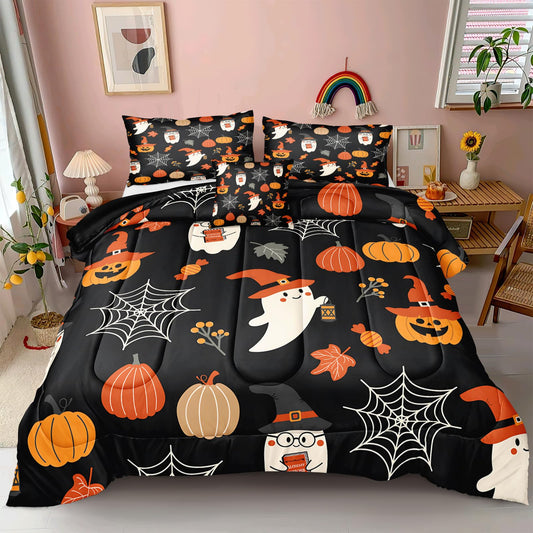 Cute Halloween King Comforters Cartoon Ghost Bedding Set Funny Halloween Bat Home Decor Cute Pumpkin Down Comforter Castle Quilt Set 4 Pcs Ultra Soft Microfiber for Kids Adults