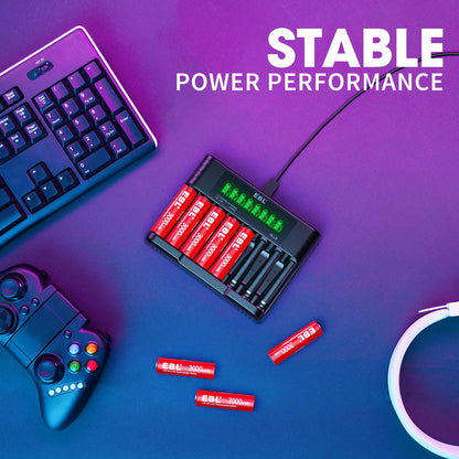 EBL 8 Pack Rechargeable Lithium AA Batteries, 1.5V 3000mWh Double a Batteries Long Lasting AA Li-ion Battery (8AA with Charger)