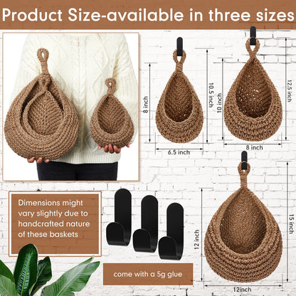 Honeydak Hanging Wall Basket Teardrop Hanging Baskets Onion Basket Coat Bohemian Storage Fruit Wall Hooks for Kitchen Wall Home Restaurant Storage Vegetable, 3 Sizes(Linen)