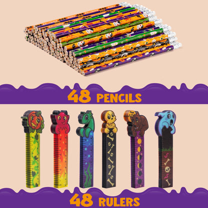 JOYIN 96 Pcs Halloween Pencils and Rulers Stationery Set Included 48Pcs Assorted Pencils with 12 Designs, 48Pcs Halloween Bookmarks Bulk with 6 Patterns for Kids Party Favors Supplies,Non Candy Treats