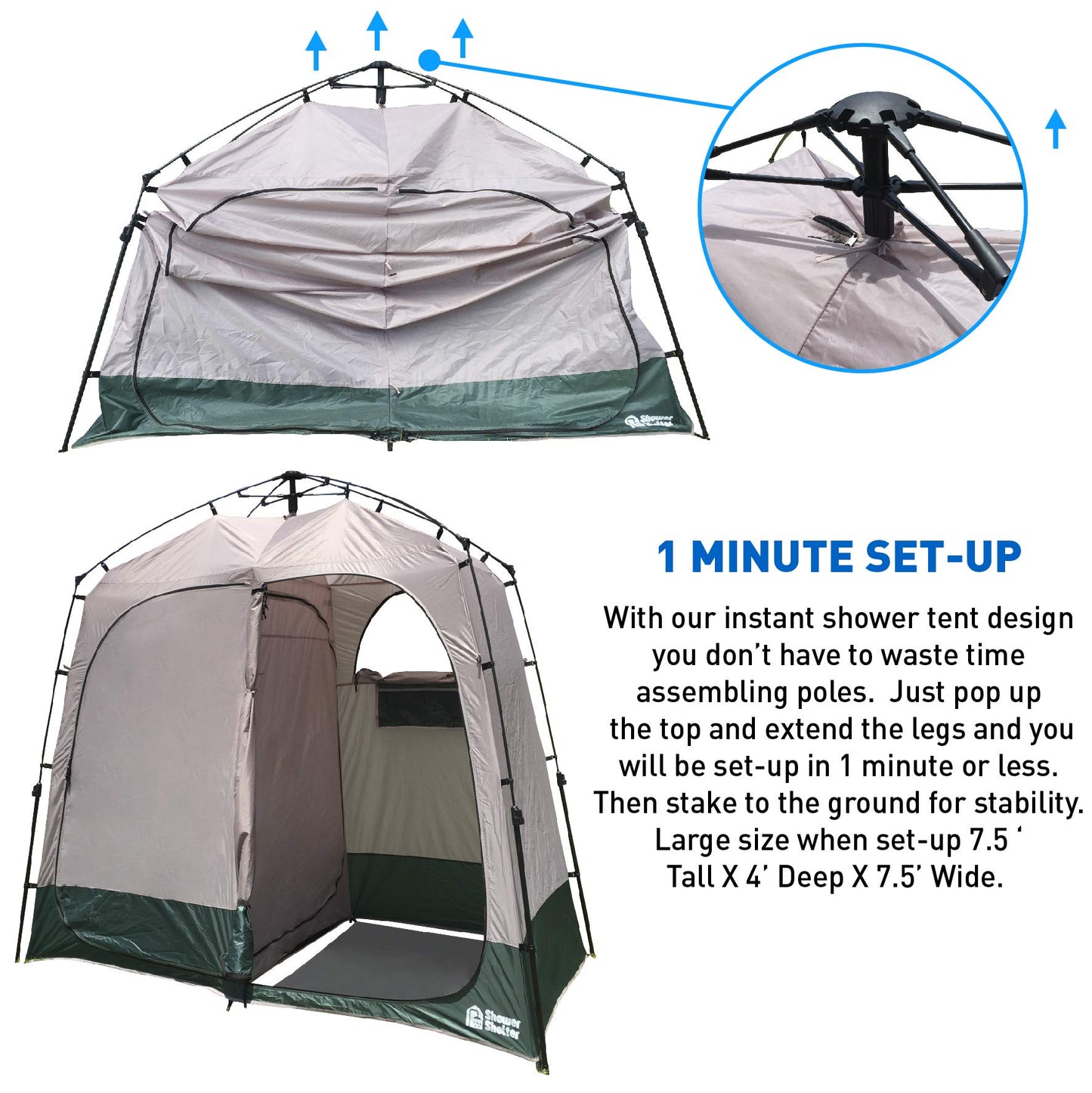 EasyGo Product Shower Shelter – Giant Portable Outdoor Pop UP Camping Shower Tent Enclosure – Changing Room – 2 Rooms – Instant Tent – 7.5' Tall x 4' Deep x 7.5' Wide, Green