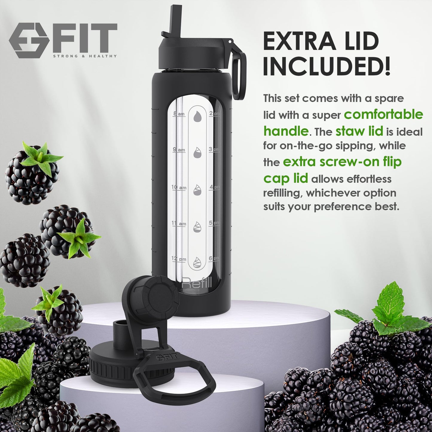 FIT Strong & Healthy 32 oz Glass Water Bottle with Time Marker & Silicone Sleeve - w/Handle & 2 Leakproof Lids Straw & Spout Lid, Wide Mouth, BPA Free 1 Liter Motivational Drinking Bottle, Black
