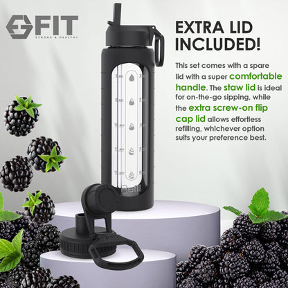 FIT Strong & Healthy 32 oz Glass Water Bottle with Time Marker & Silicone Sleeve - w/Handle & 2 Leakproof Lids Straw & Spout Lid, Wide Mouth, BPA Free 1 Liter Motivational Drinking Bottle, Black