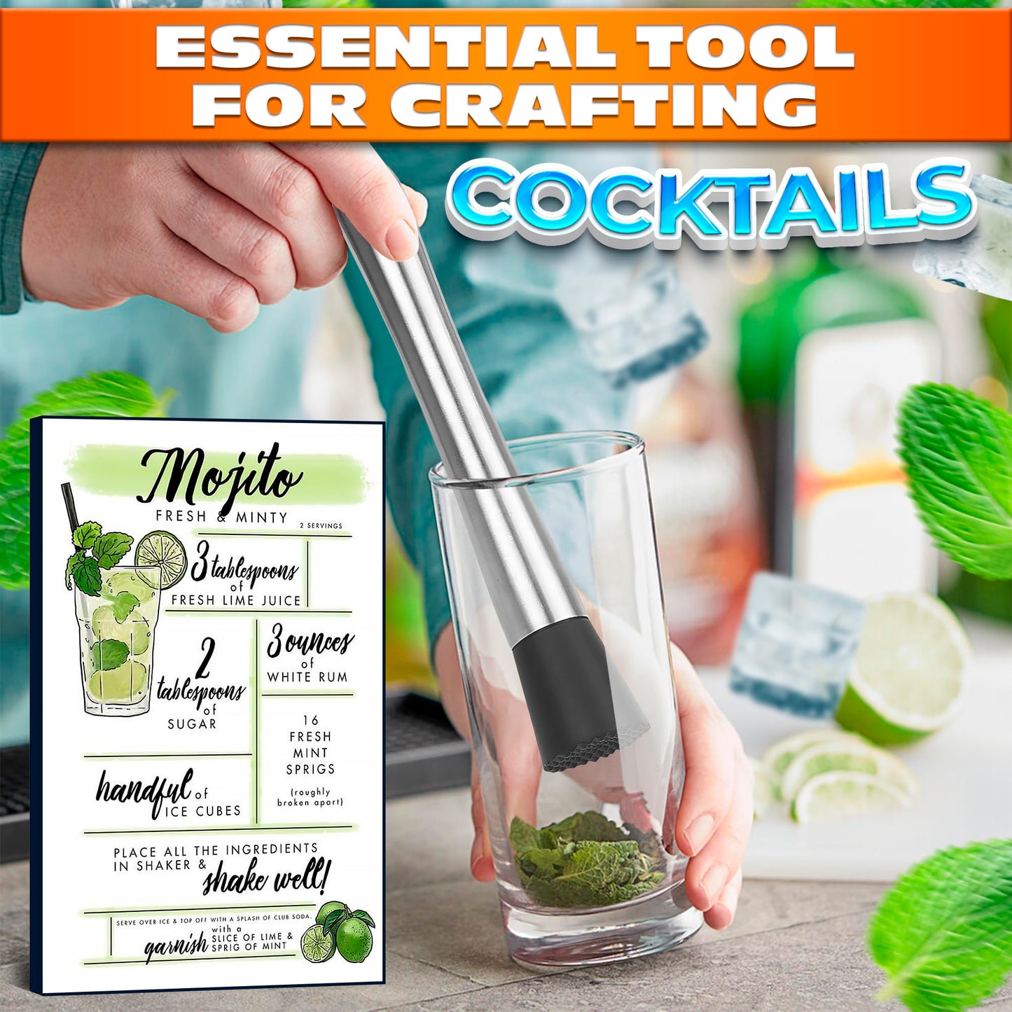 8 Inches Drink Muddler for Cocktails – Stainless Steel Muddler Tool with Textured Head, Lightweight Build – Fruit Smasher for Drinks, Mojitos, Avocado, Herbs, Spices & Ice Crushing Bar Tool for Mixing
