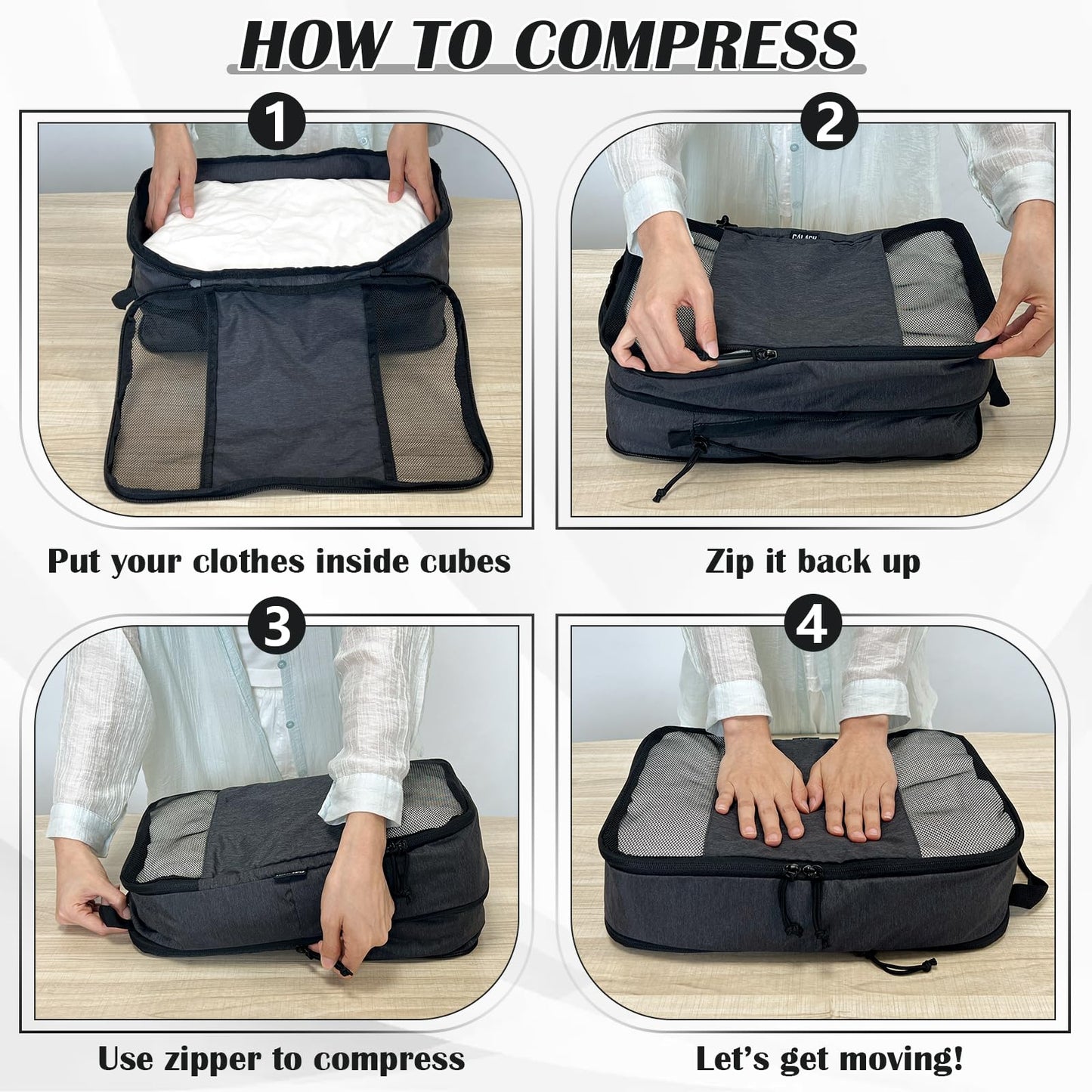 Compression Packing Cubes for Travel Essentials, 2 Set Expandable Compression Bags for Travel Packing Cubes for Suitcase Luggage Organizer Bags, Black Mesh