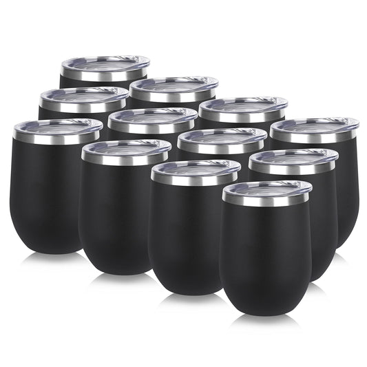 DOMICARE Stainless Steel Wine Tumbler Bulk with Lid, Personalized Insulated Tumblers Set, 12oz Travel Coffee Cups Pack of 12, Black