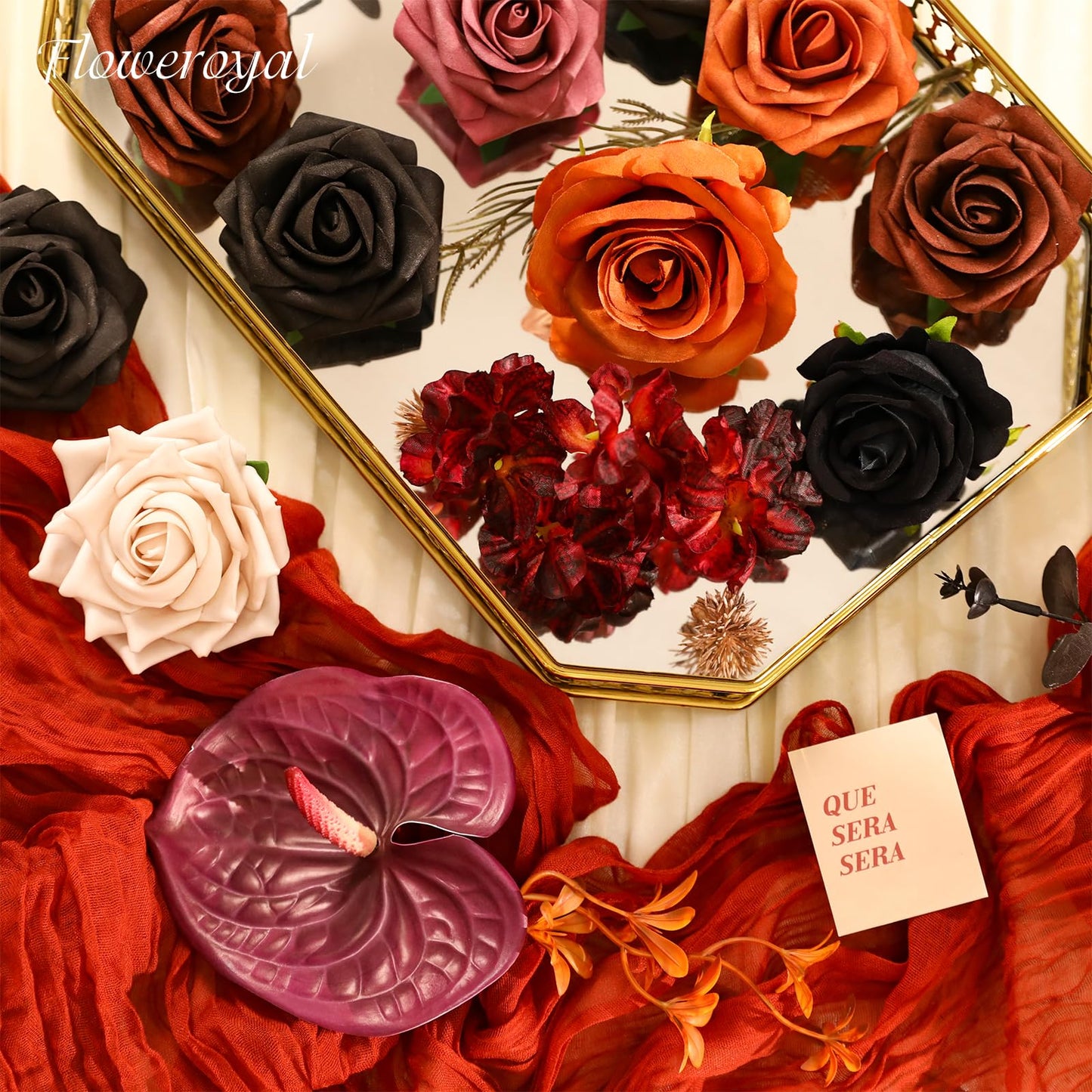 Floweroyal Halloween Artificial Flowers Black Flowers Mix Silk Flowers Fake Roses with Stems for DIY Wedding Bridal Bouquets, Baby Shower, Floral Arrangement, Table Centerpieces, Home Decorations