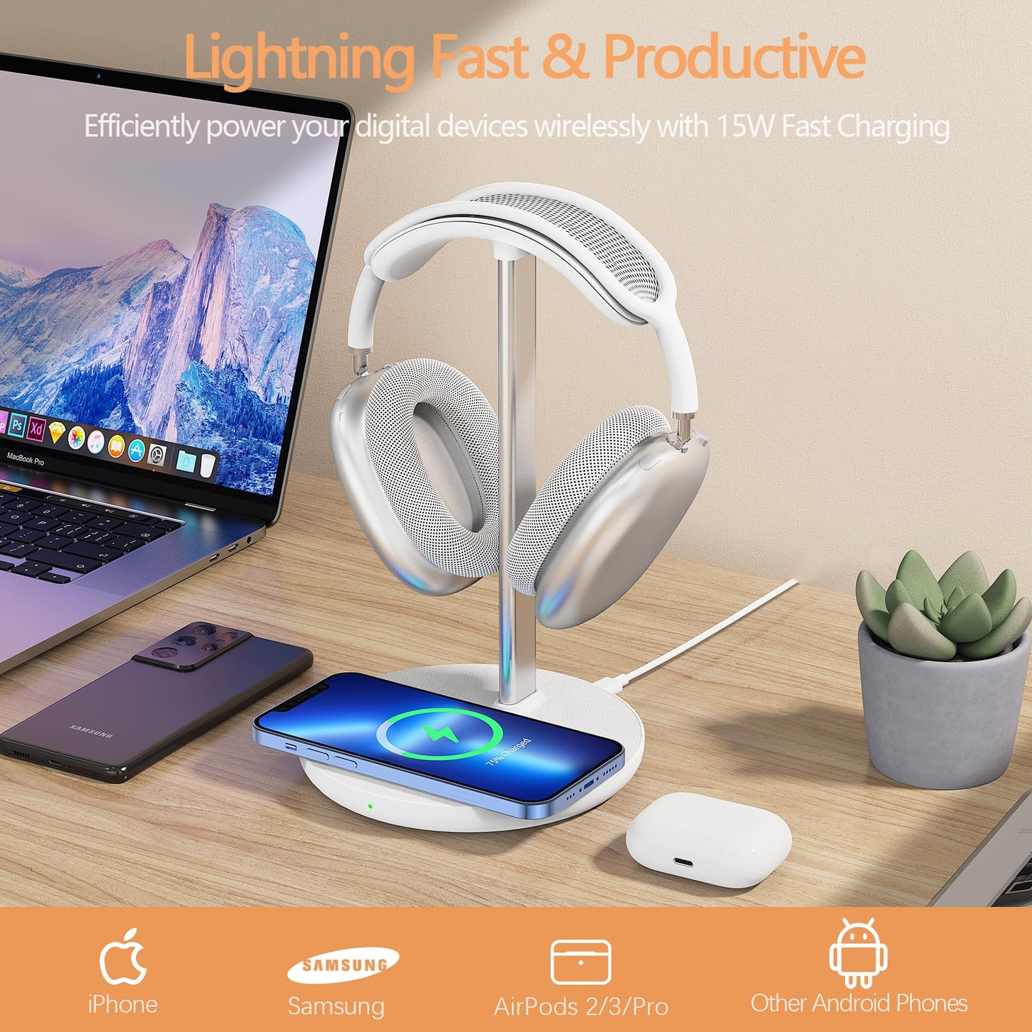 Headphone Stand with Wireless Charger, Gaming Headset Holder Hanger Rack 2 in 1 Wireless Charging Station Dock for iPhone 15/14/13/12/11 Series, AirPods Pro/3/2 and Desk All Headphones, White