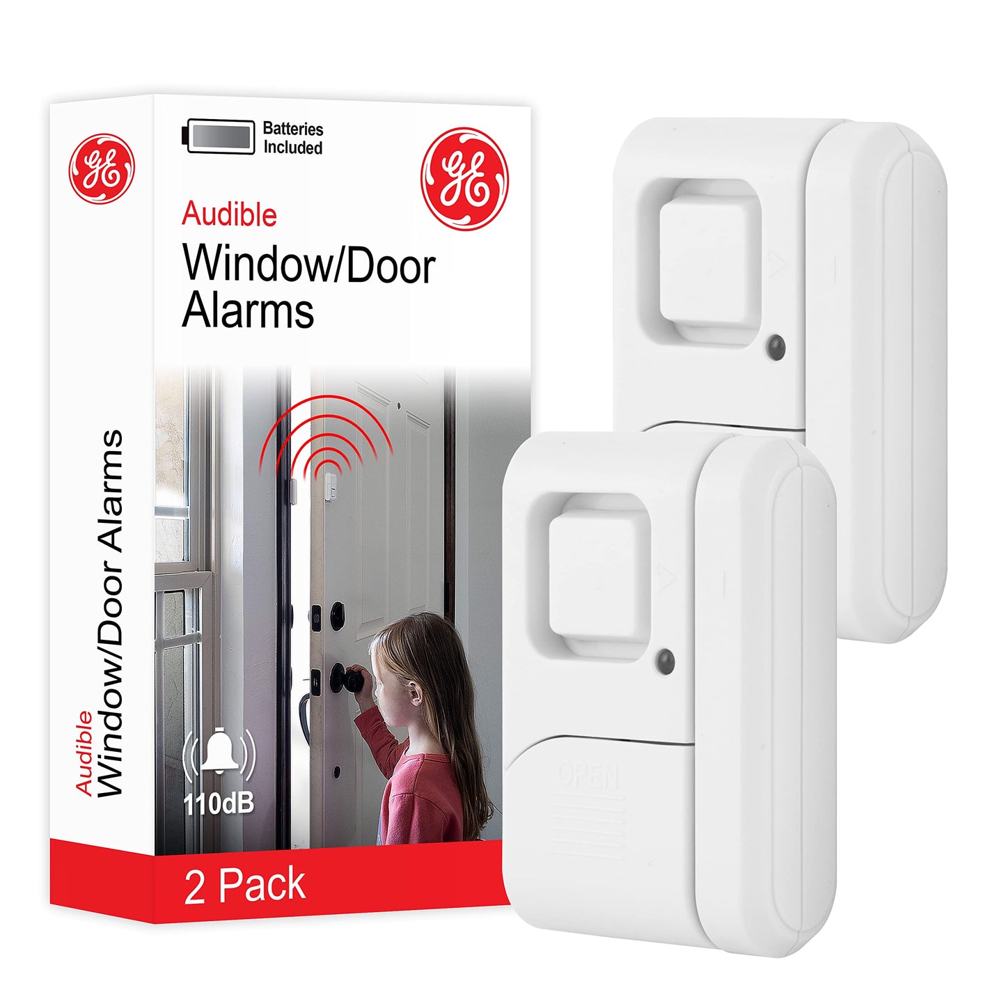 GE Personal Security Window and Door Alarm, 2 Pack, DIY Protection, Burglar Alert, Wireless Chime/Alarm, Easy Installation, Home Security, Ideal for Home, Garage, Apartment and More, White, 45115