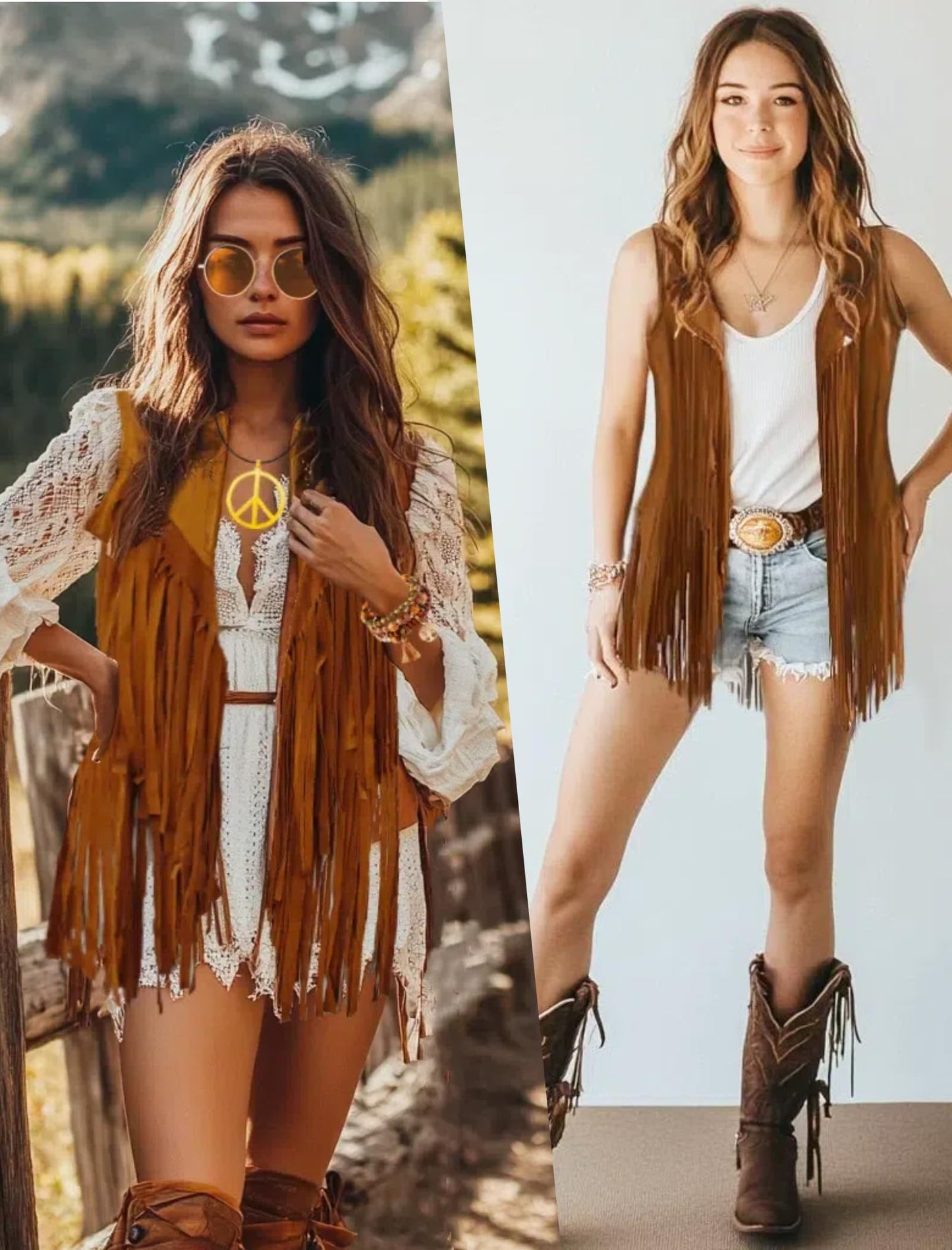 6 PC Cowgirl Western Outfits for Women Retro Cowgirl Costumes Fringe Vest Cow Girl Hat for Women Country 70s Hippie Outits (Brown, S)