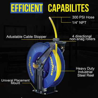 GOODYEAR Air Hose Reel Retractable 3/8" Inch x 50' Feet Long Premium Commercial SBR Hose Max 300 Psi Reinforced Steel Construction Heavy Duty Spring Driven Industrial Dual Arm & Pedestal