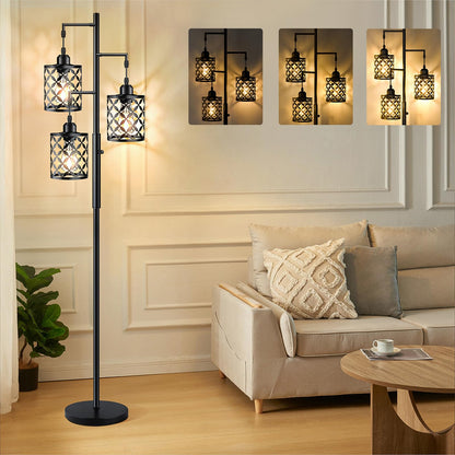 GHOOCEMLUX 68" Dimmable Floor Lamp, Farmhouse Standing Lamp with Elegant Metal Cage, Industrial Tall Tree Floor Lamps for Living Room, Bedroom, Study Room, Office (2000LM LED Bulbs Included) - Black