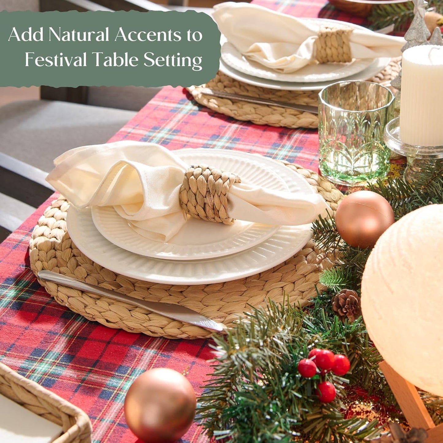 10 Pack, Round Woven Placemats, Natural Water Hyacinth Place mats, Braided Straw Table Mats for Dining Table, Christmas Placemats (13.8 inch)