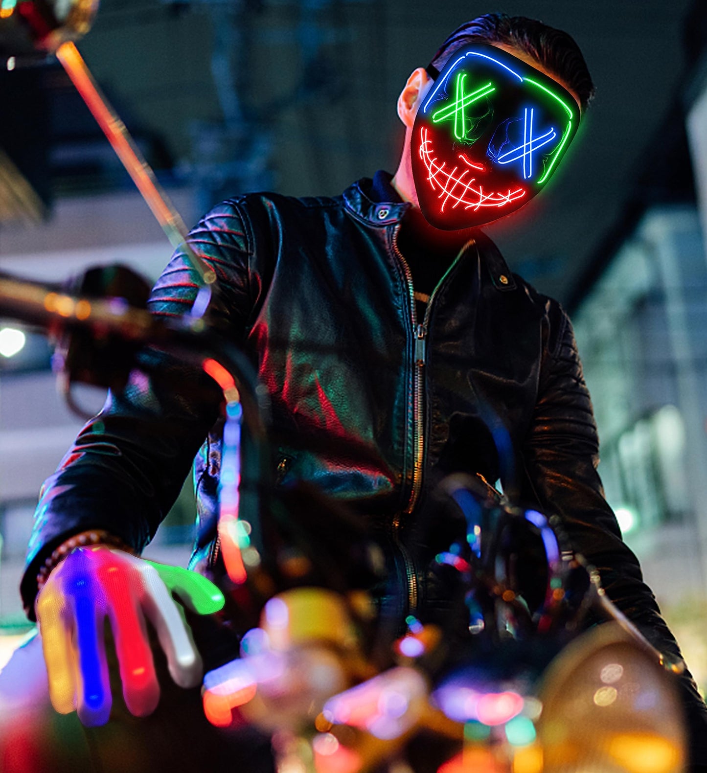 Halloween Mask Skeleton Gloves Set, Light Up Scary LED Mask with Glow Gloves, Halloween Costumes for Boys Girls, Redbluegreen